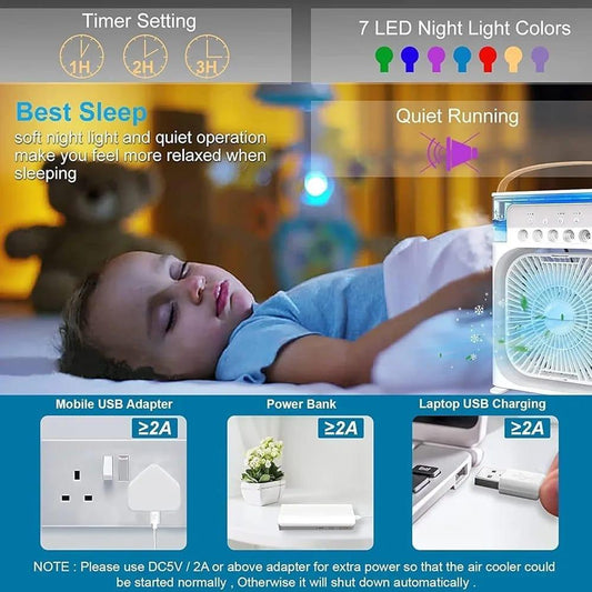 3-in-1 Portable Mini Air Cooler Fan with Humidifier & LED Light – Rechargeable Battery Backup for Load Shedding