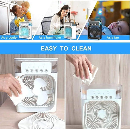 3-in-1 Portable Mini Air Cooler Fan with Humidifier & LED Light – Rechargeable Battery Backup for Load Shedding