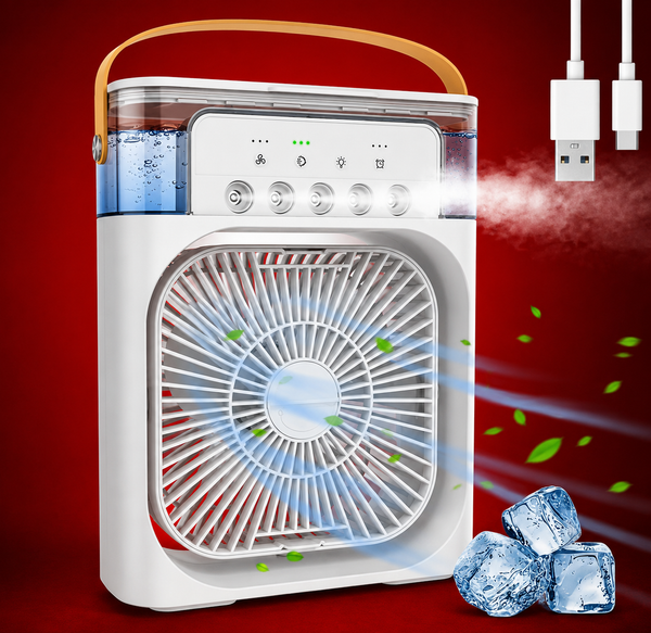 3-in-1 Portable Mini Air Cooler Fan with Humidifier & LED Light – Rechargeable Battery Backup for Load Shedding